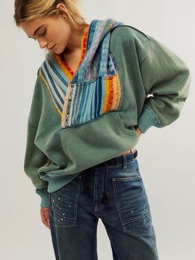 Free People February Pullover Knit Panel Hoodie Sweatshirt